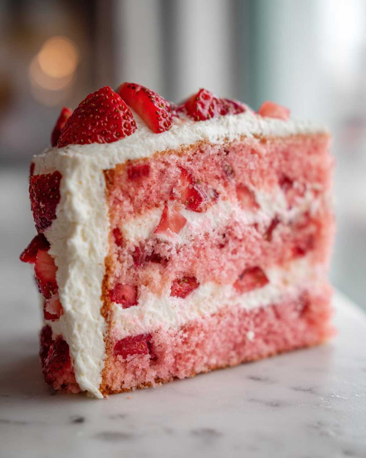Close-up of a moist slice of strawberry cake layered with cream frosting and topped with fresh strawberries.