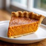 A close-up of a perfect slice of sweet potato pie on a white plate, showing the rich orange filling.