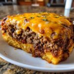 A thick slice of tamale pie showing a cornbread base, a savory ground beef chili layer, and melted cheddar cheese topping.