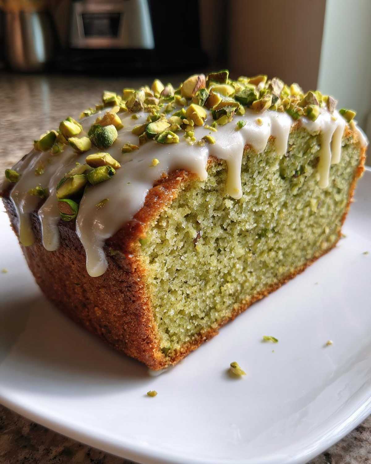 A close-up of a moist slice of green pistachio bread topped with white glaze and chopped pistachios.