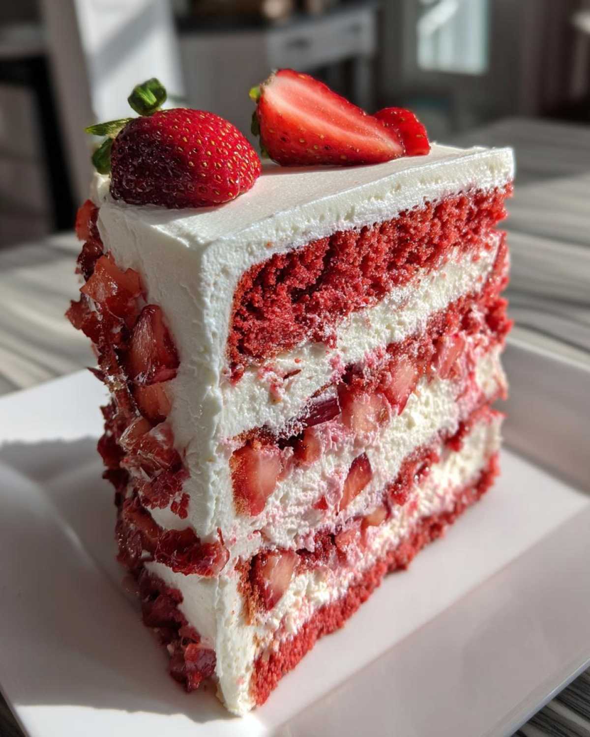 A tall slice of red velvet strawberry cake layered with white cream and fresh strawberries, topped with whole and halved strawberries.