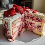 A generous slice of moist, layered strawberry cake filled and topped with fresh strawberries and white frosting.