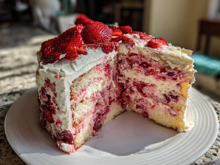A generous slice of moist, layered strawberry cake filled and topped with fresh strawberries and white frosting.