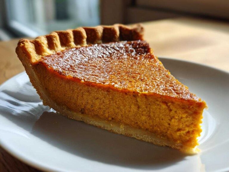 A close-up, sunlit slice of rich orange sweet potato pie with a golden, slightly glossy top, resting on a white plate.