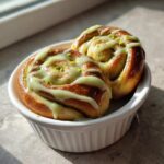 Two golden brown Small Batch Pistachio Cream Cinnamon rolls drizzled with light green icing and topped with chopped nuts.