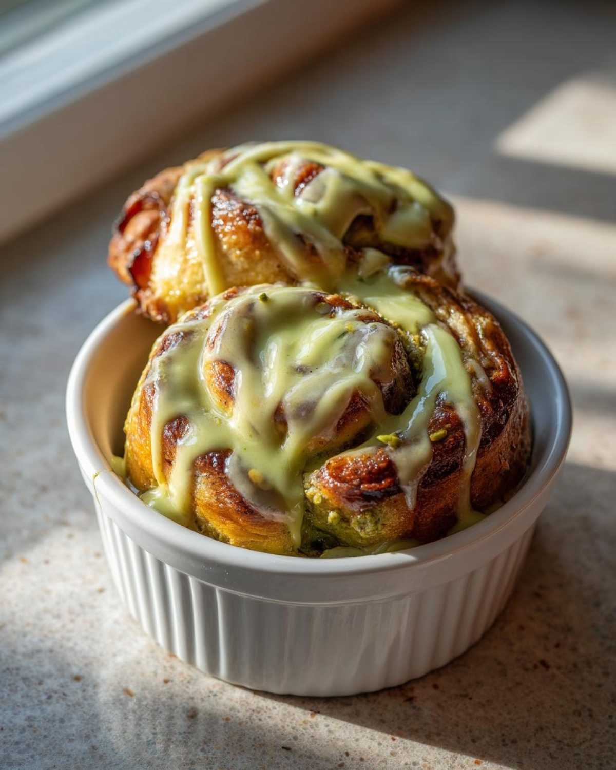 Two golden baked Small Batch Pistachio Cream Cinnamon rolls drizzled with light green pistachio glaze in a white ramekin.