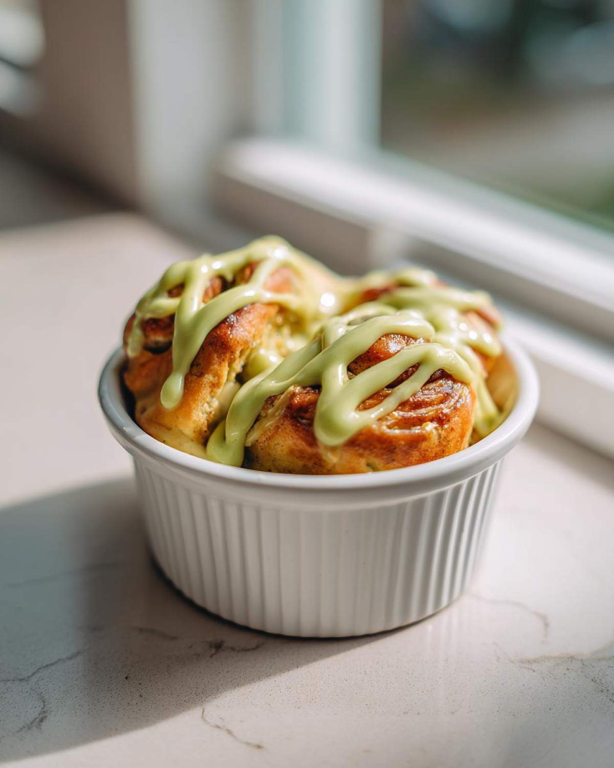 Close-up of freshly baked Small Batch Pistachio Cream Cinnamon Rolls drizzled with bright green pistachio icing in a white ramekin.