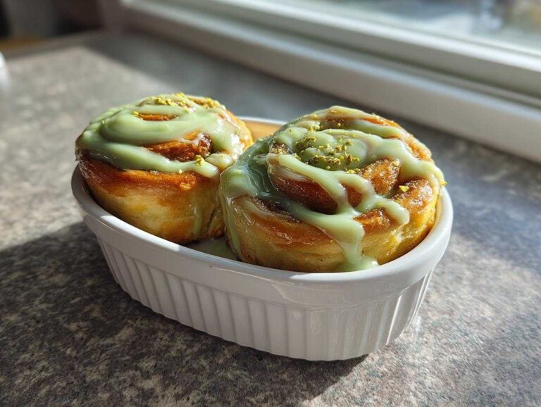 Divine Small Batch Pistachio Cream Cinnamon Bliss Two Small Batch Pistachio Cream Cinnamon Rolls drizzled with green icing and topped with crushed nuts in a white ramekin.