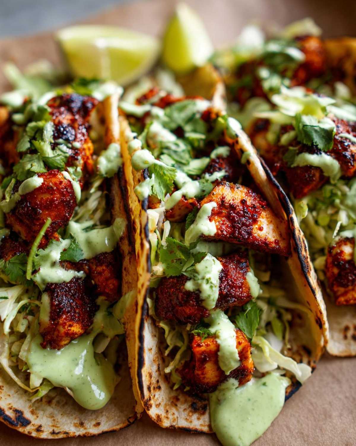 Close-up of perfectly seasoned Smash Chicken Tacos topped with creamy green sauce and cilantro.