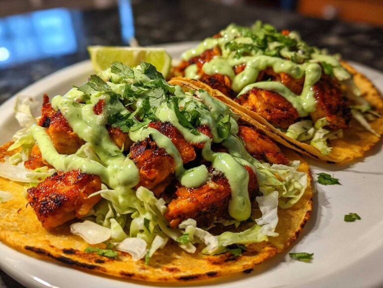 Two delicious Smash Chicken Tacos topped with seasoned chicken, shredded lettuce, creamy green sauce, and cilantro.