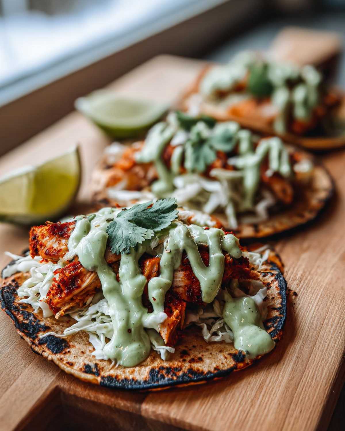 Close-up of a delicious Smash Chicken Tacos topped with shredded cabbage, seasoned chicken, and a creamy green sauce, served with lime wedges.