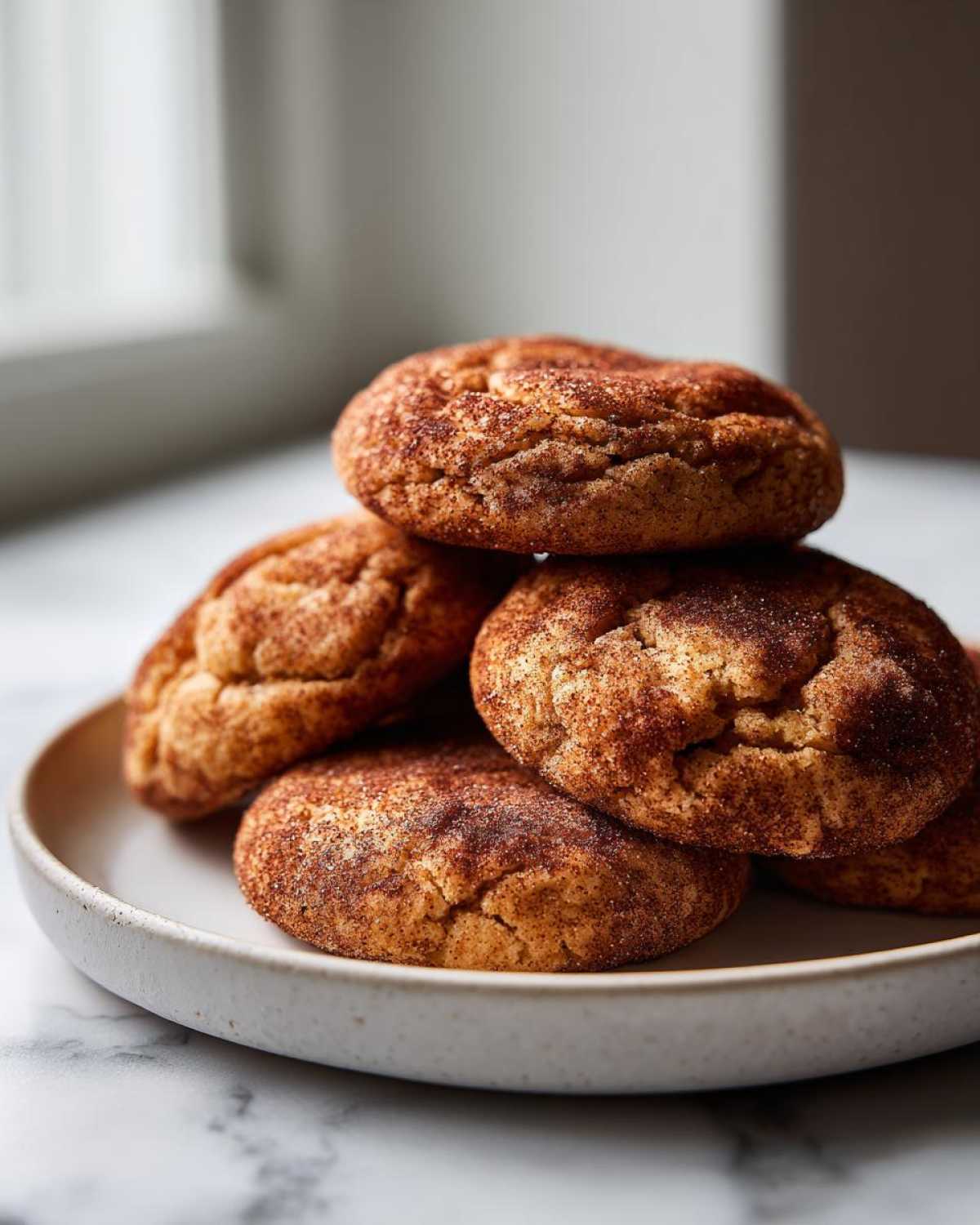 A stack of freshly baked, soft snickerdoodles generously coated in cinnamon sugar, resting on a light ceramic plate.