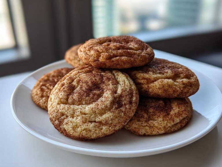 A stack of freshly baked, soft snickerdoodles coated in cinnamon sugar, resting on a white plate.