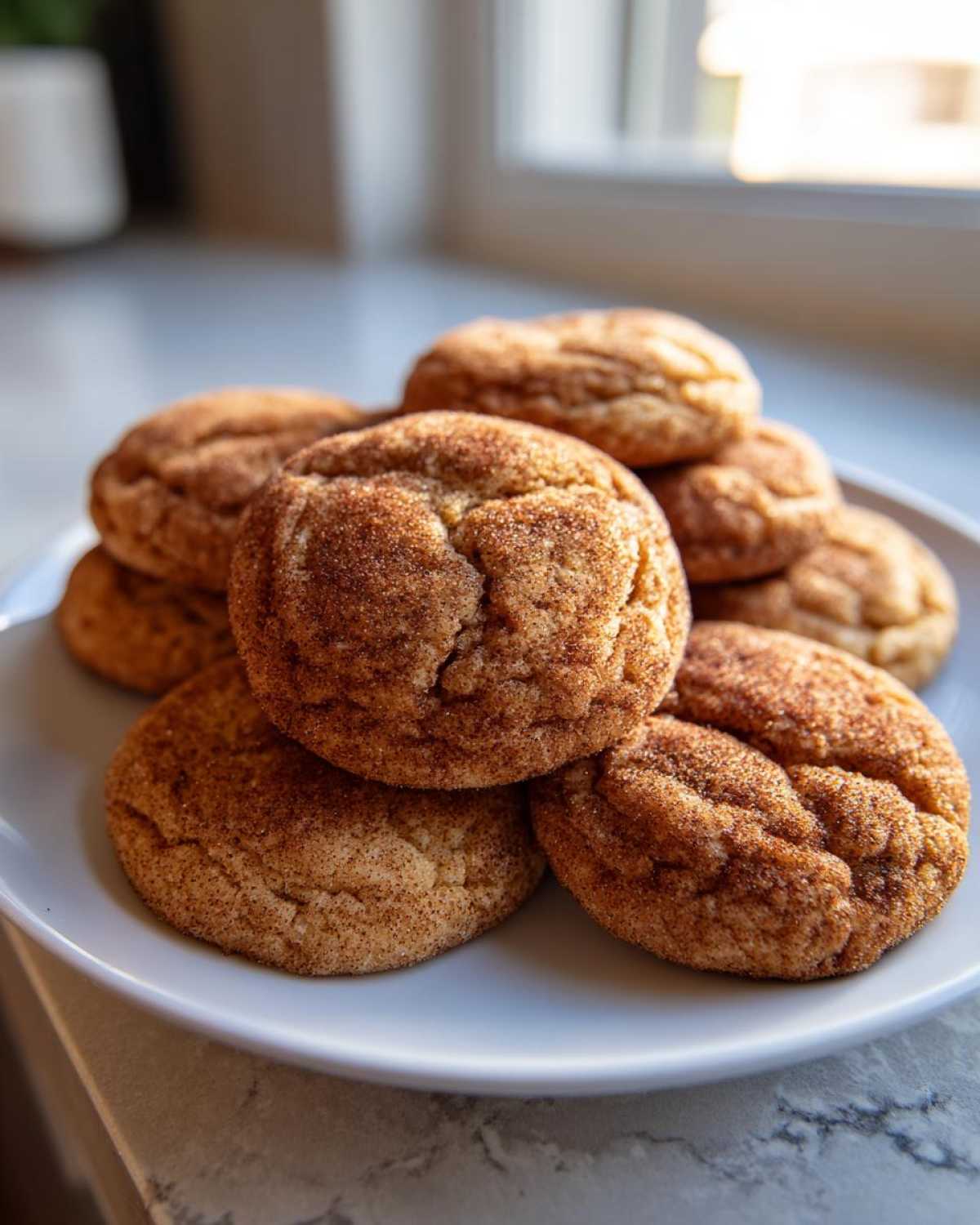 A stack of freshly baked, soft snickerdoodles generously coated in cinnamon sugar resting on a white plate.