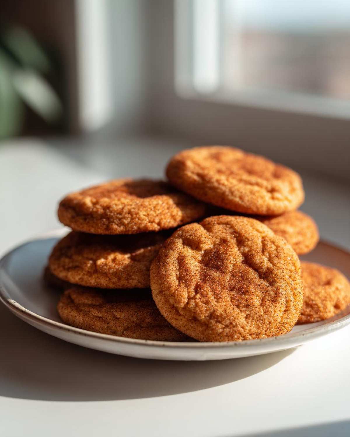 A delicious stack of soft snickerdoodles coated in cinnamon sugar resting on a light-colored plate.
