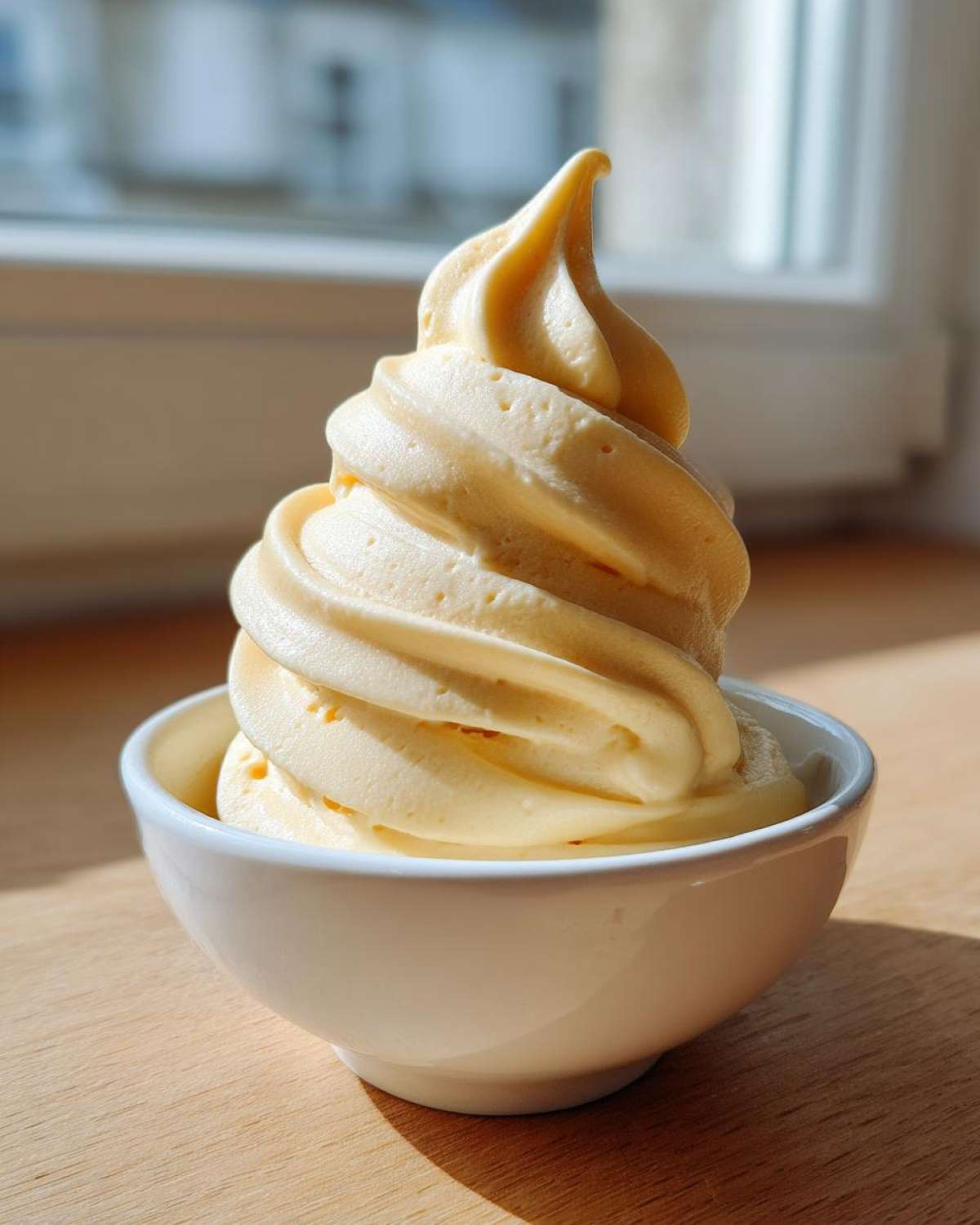 A tall swirl of creamy, pale yellow banana ice cream served in a small white bowl.