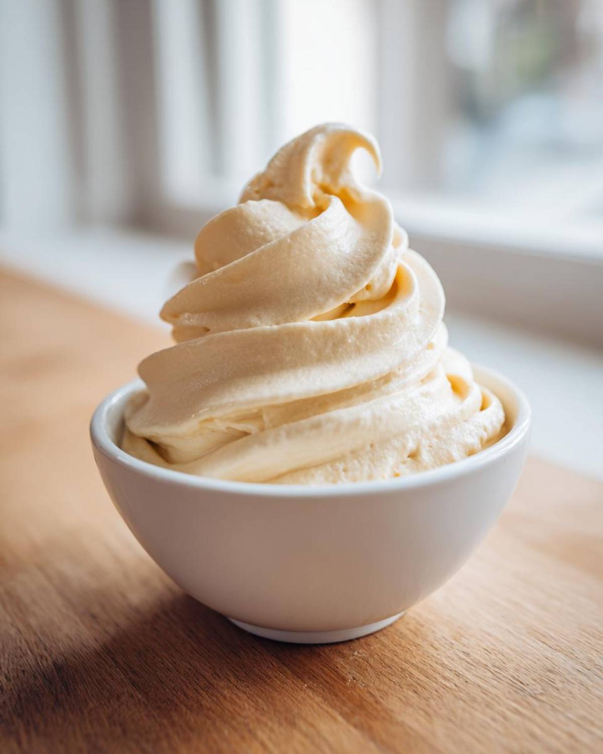 A perfectly swirled serving of creamy, light yellow banana ice cream in a small white bowl.
