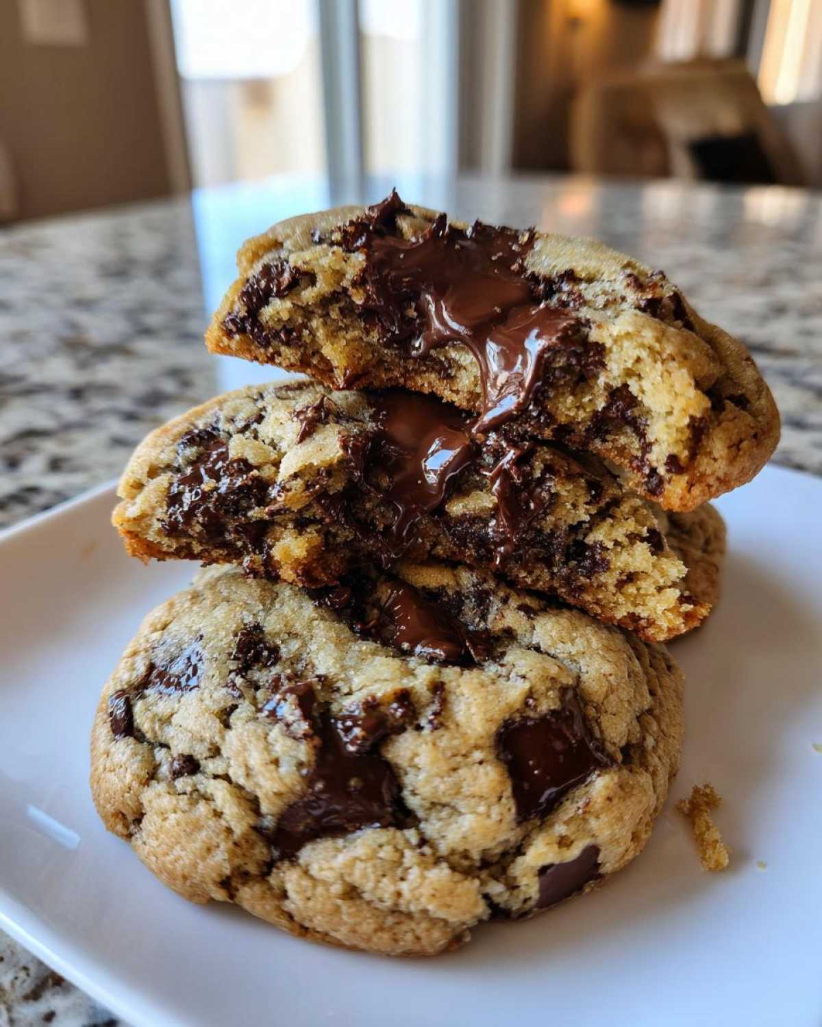 Close-up of stacked sourdough chocolate chip cookies, with the top one broken open revealing gooey, melted chocolate.