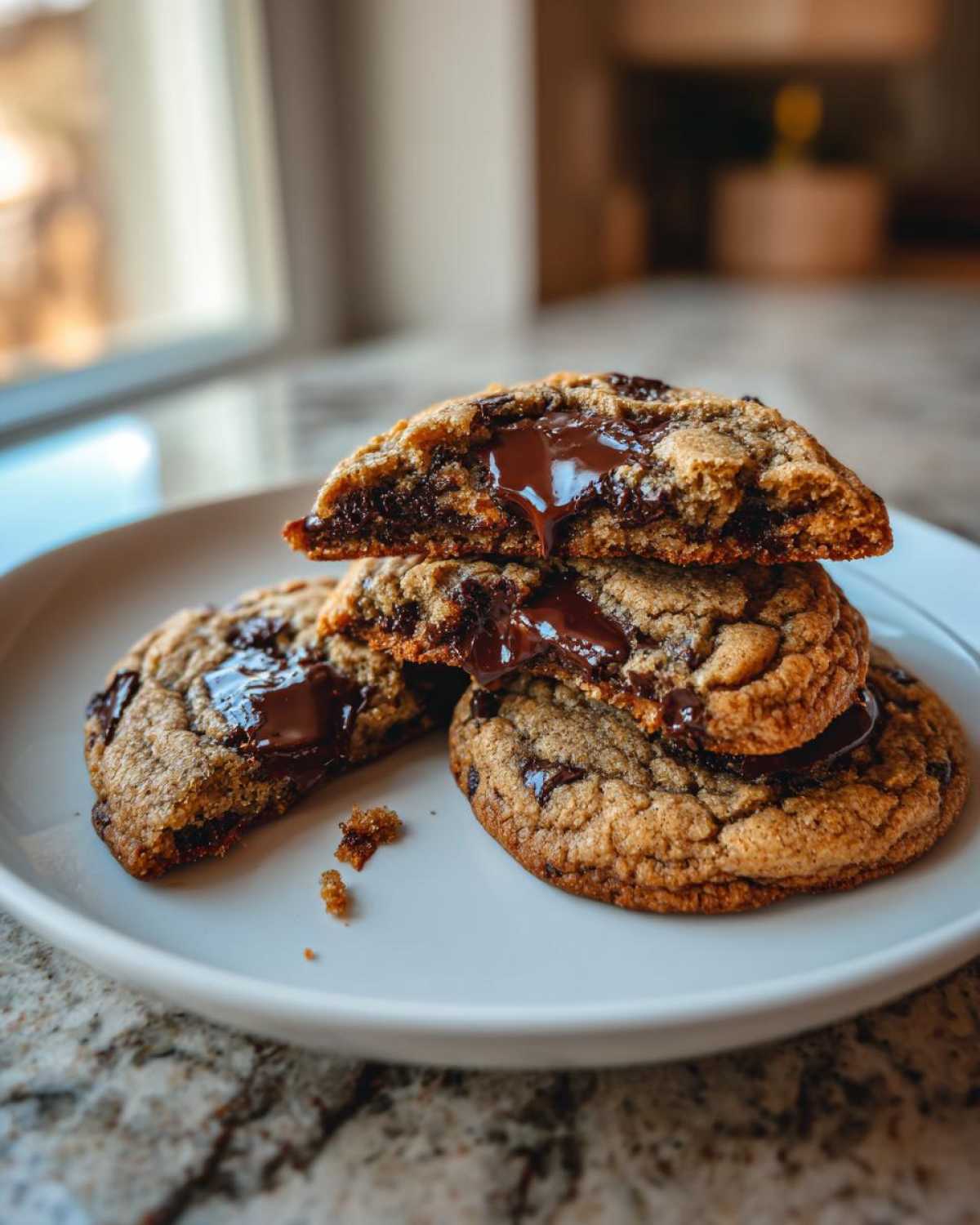 A stack of freshly baked sourdough chocolate chip cookies, one broken in half revealing melted chocolate.