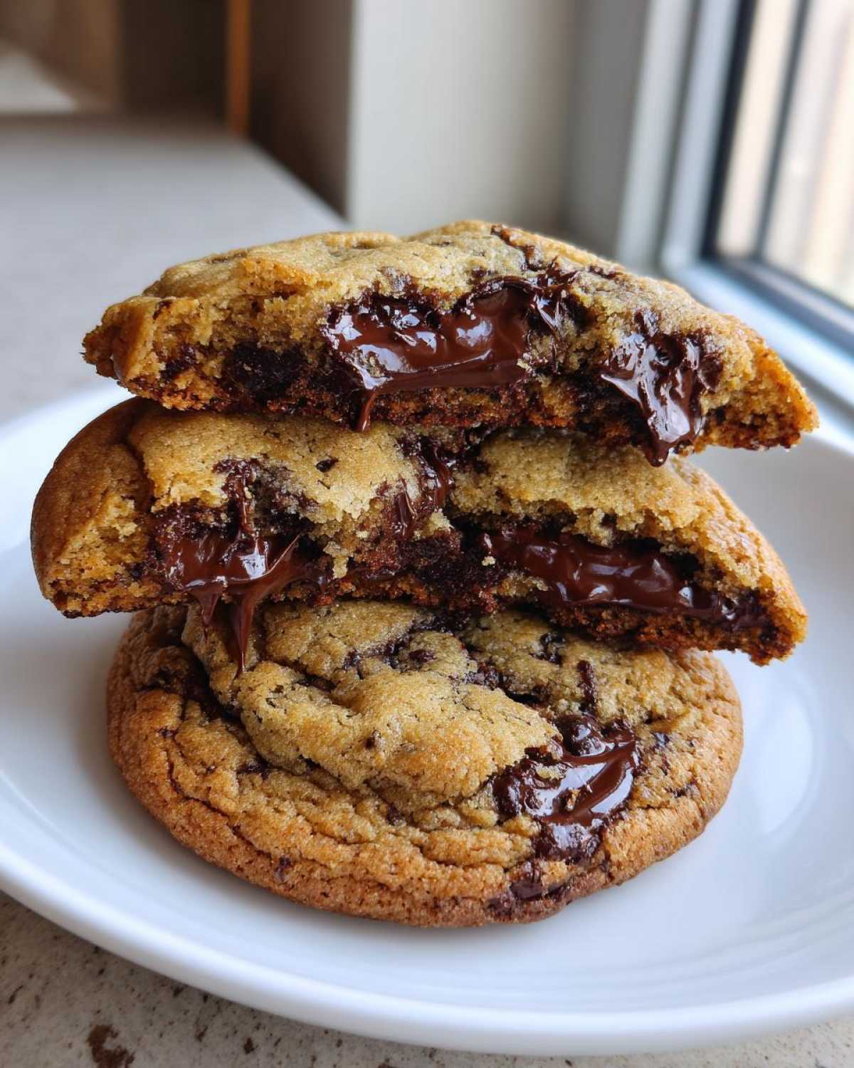 Stack of three sourdough chocolate chip cookies, with the top two broken open revealing gooey, melted chocolate centers.