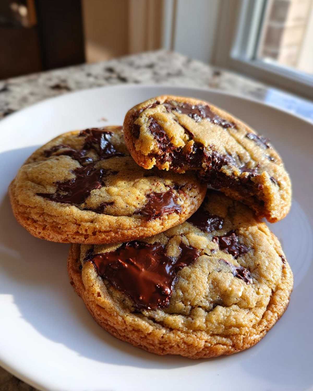 Three golden brown sourdough chocolate chip cookies stacked on a white plate, one broken open showing melted chocolate.