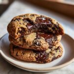 A stack of three gooey sourdough chocolate chip cookies, with the top one broken to show melted chocolate.