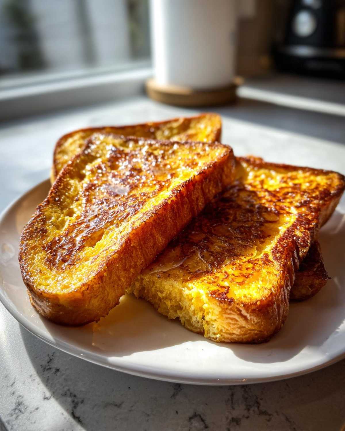 Three golden-brown slices of sourdough french toast stacked slightly on a white plate, glistening with syrup.