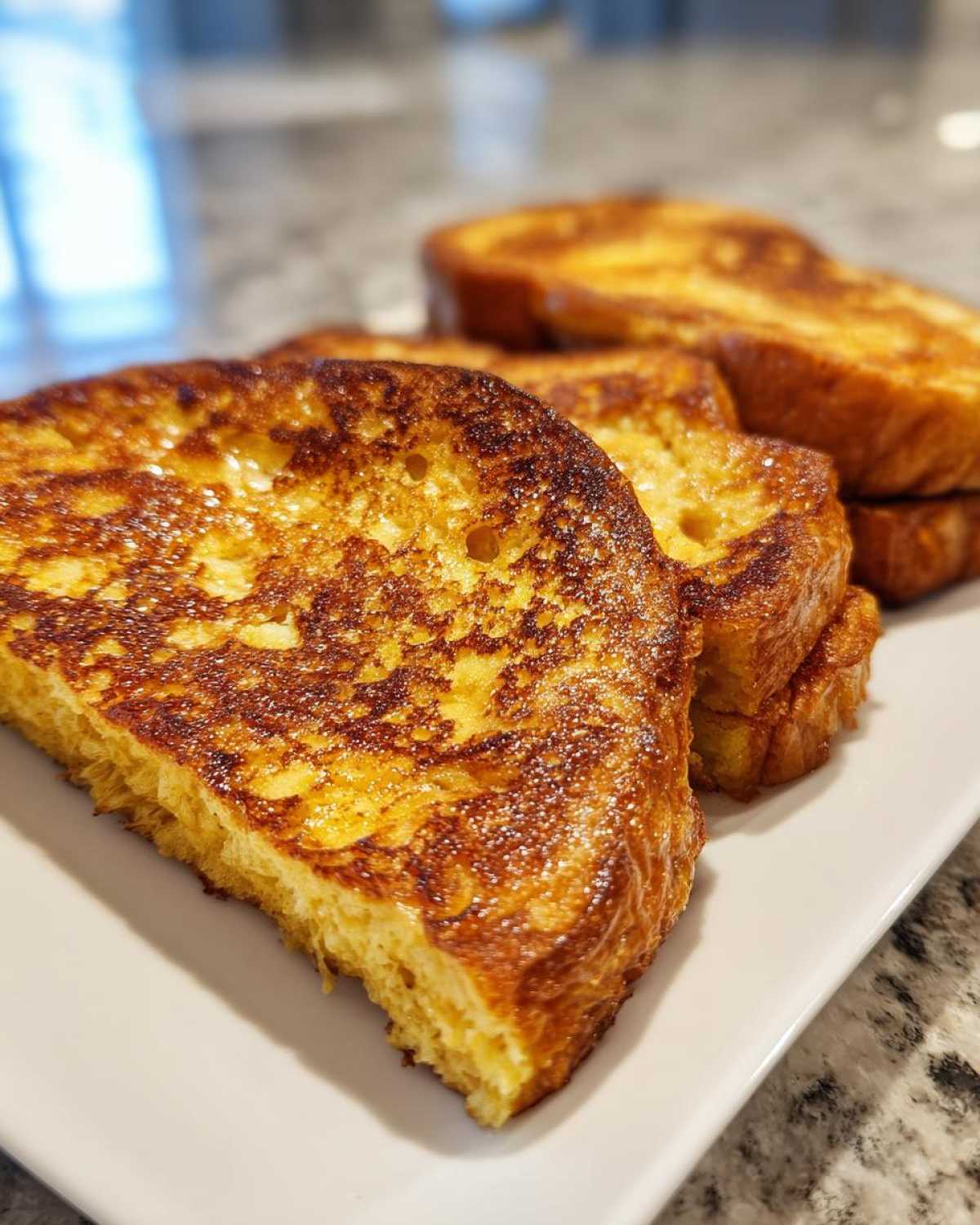 Close-up of golden brown sourdough french toast slices stacked on a white plate, showing a caramelized, eggy exterior.