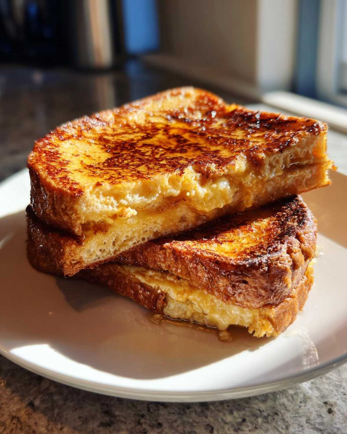 Two thick slices of golden brown sourdough french toast stacked on a white plate, drizzled with syrup.