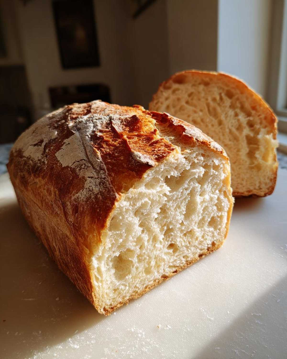 A close-up view of a freshly baked sourdough sandwich bread loaf, cut to show the soft, open crumb structure.
