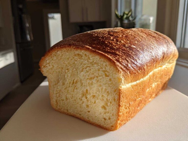 A freshly baked loaf of soft sourdough sandwich bread showing a golden, shiny crust and a tender crumb structure.