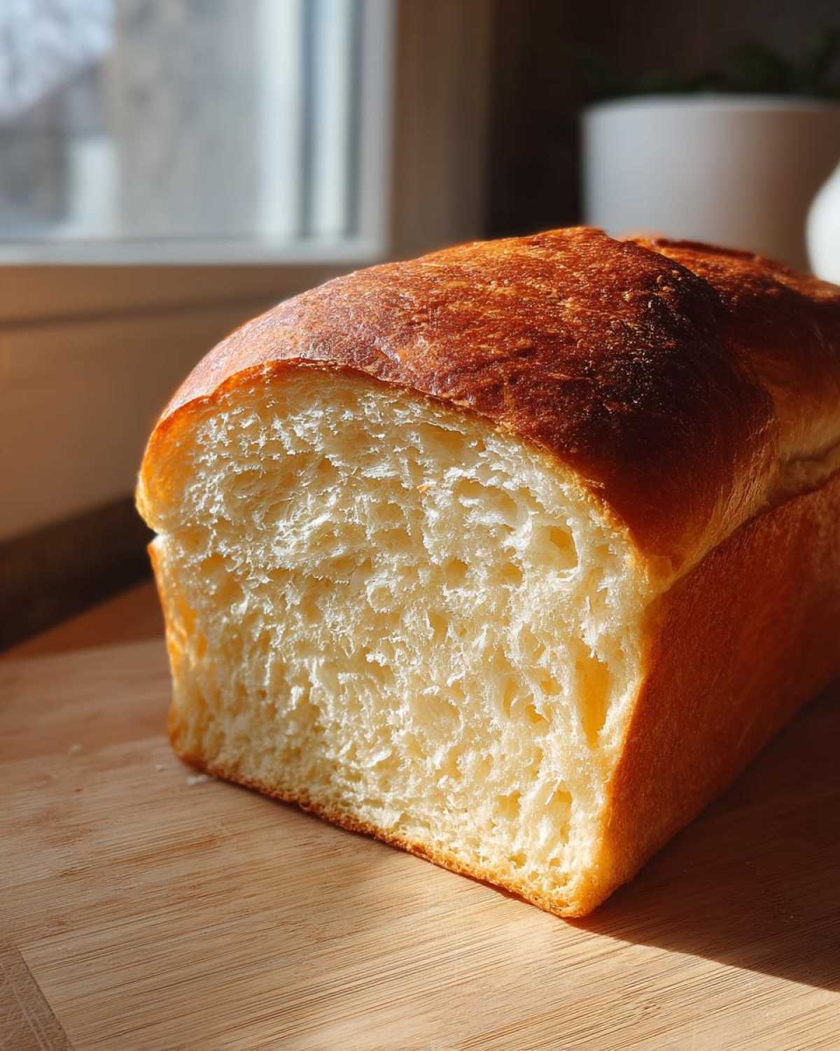 Close-up of a freshly baked sourdough sandwich bread loaf, showing its soft, fluffy interior crumb and golden crust.