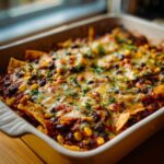 Close-up of a bubbling Southwestern Black Bean Casserole topped with melted cheese, corn, black beans, and fresh parsley.