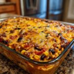 A close-up of a bubbling, cheesy Southwestern Black Bean Casserole fresh from the oven in a clear glass baking dish.