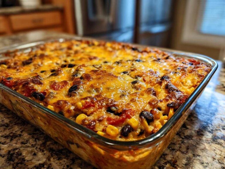 A close-up of a bubbling, cheesy Southwestern Black Bean Casserole fresh from the oven in a clear glass baking dish.