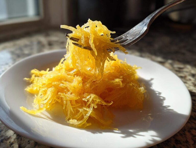 A fork lifting bright yellow, cooked spaghetti squash recipe strands from a white plate.