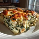 A thick slice of creamy Spinach Artichoke Chicken Casserole with a bubbly, browned cheese topping, served on a white plate.