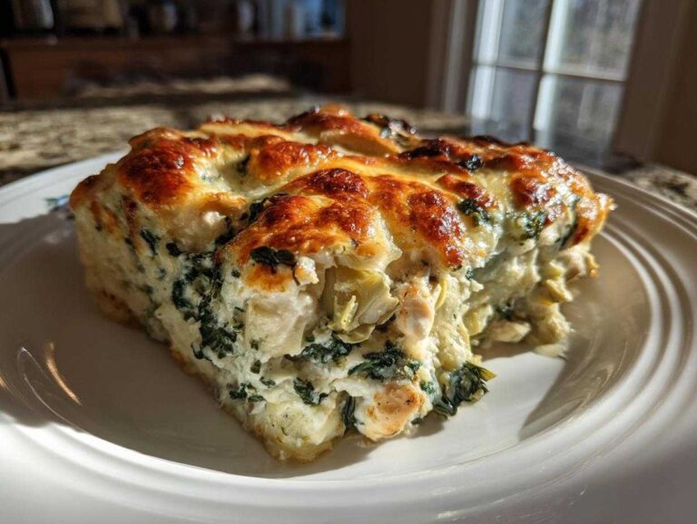 A thick slice of creamy Spinach Artichoke Chicken Casserole with a bubbly, browned cheese topping, served on a white plate.