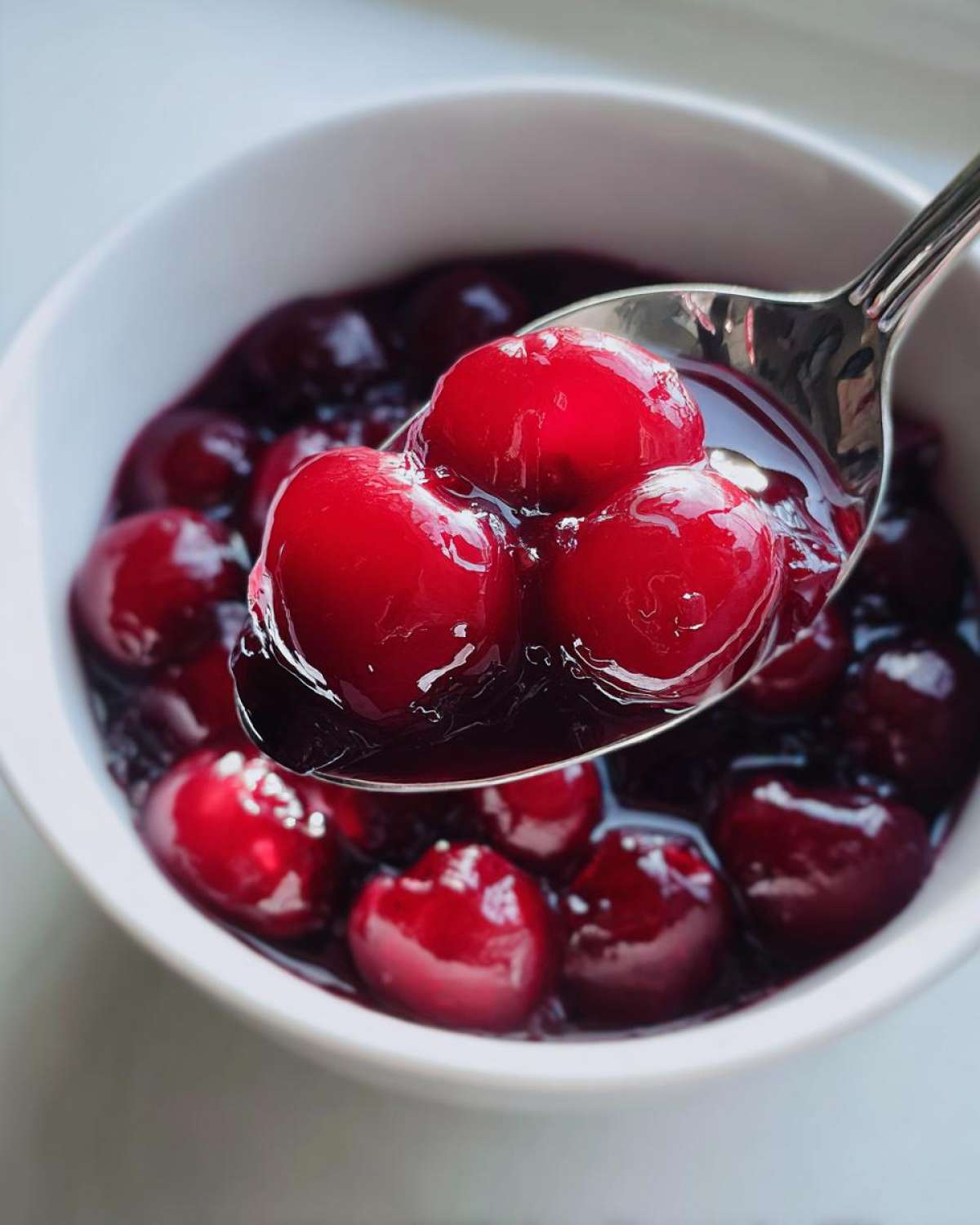 A spoonful of glossy, bright red cherry pie filling is lifted from a white bowl filled with more cherries in thick syrup.