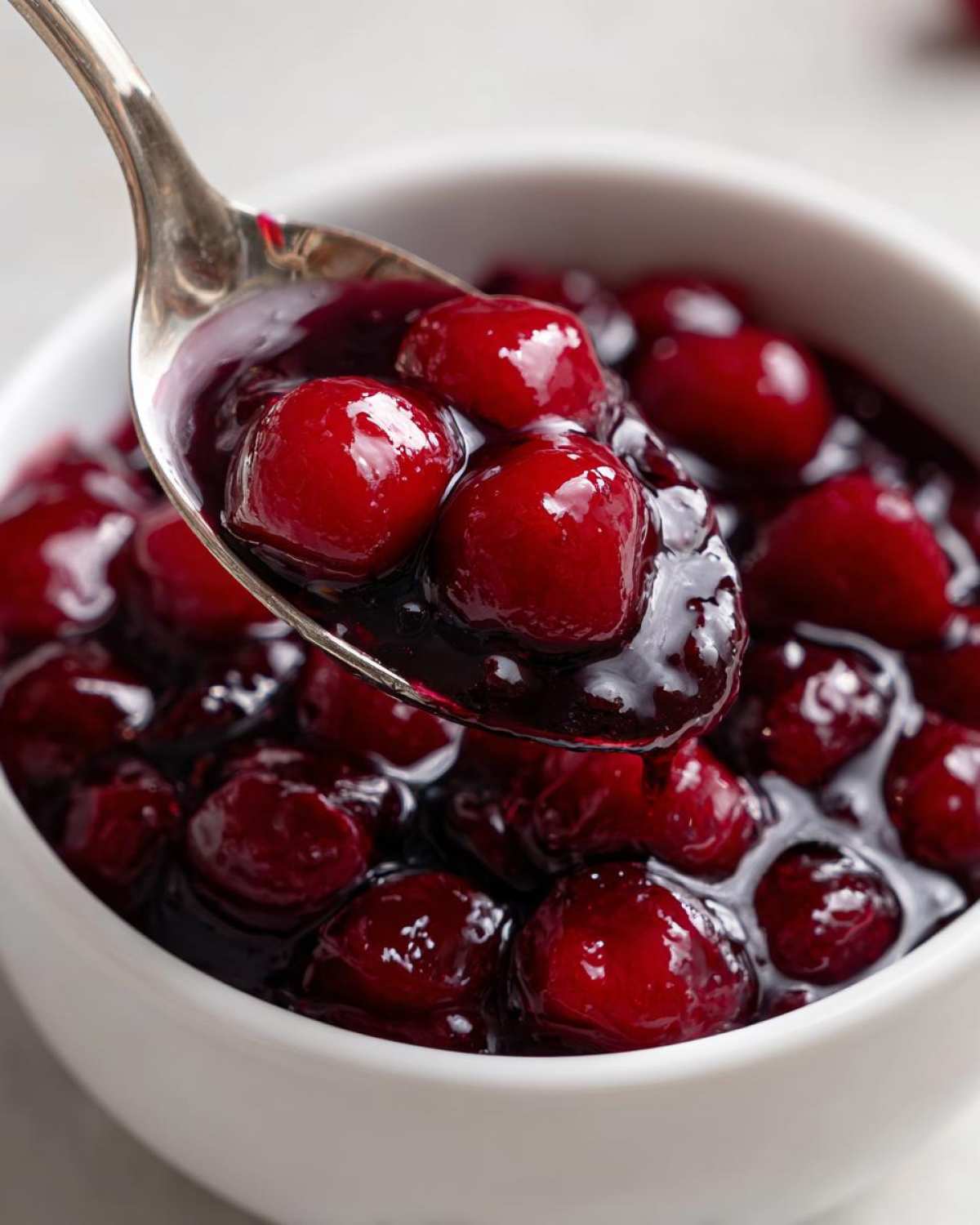 A silver spoon lifting a generous scoop of glossy, thick cherry pie filling, showing whole, bright red cherries.