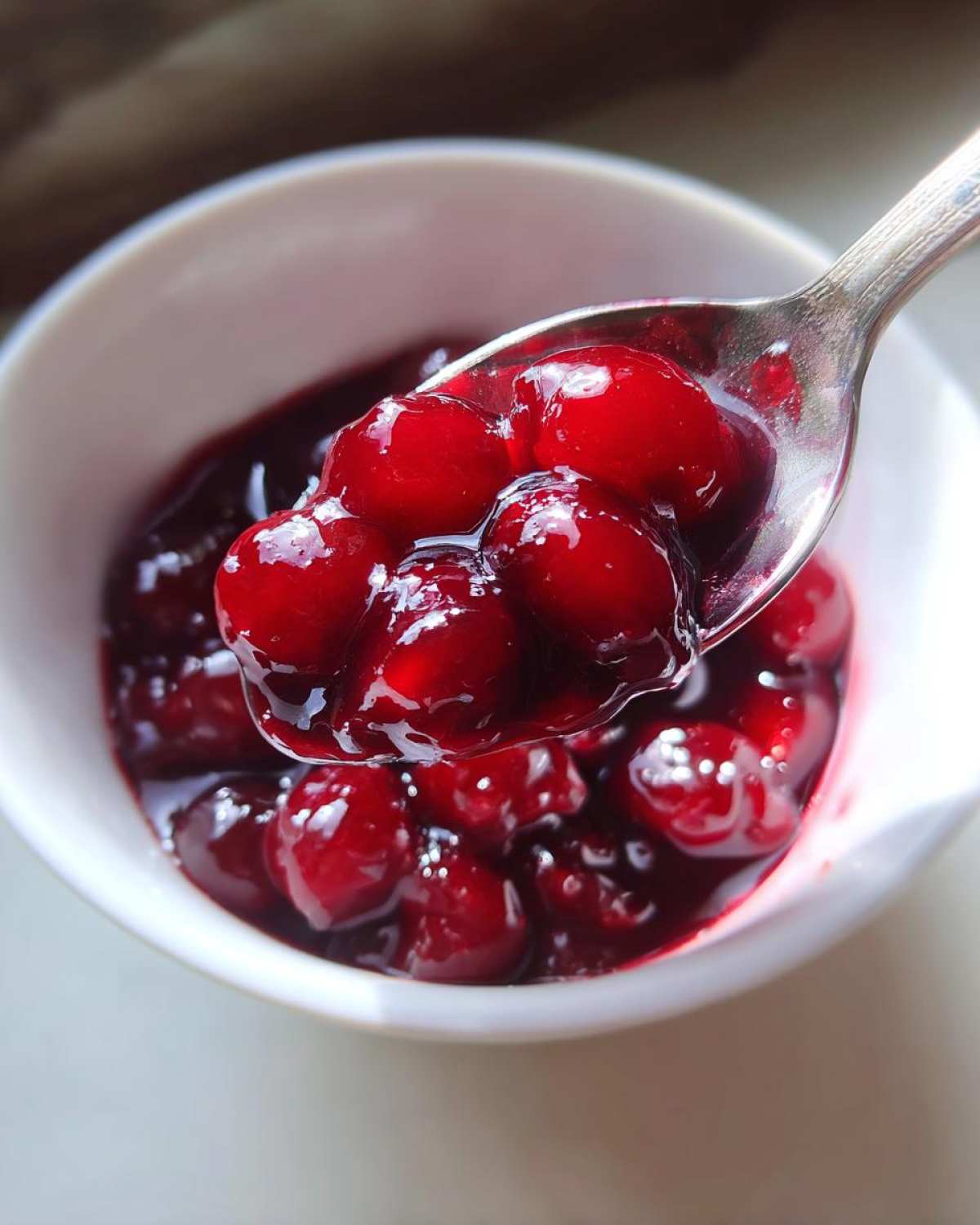 A spoonful of glistening, deep red cherry pie filling being lifted from a white bowl.
