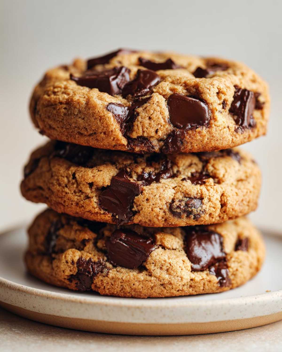 A close-up stack of three thick, chewy chocolate chip cookies loaded with melted chocolate chunks.