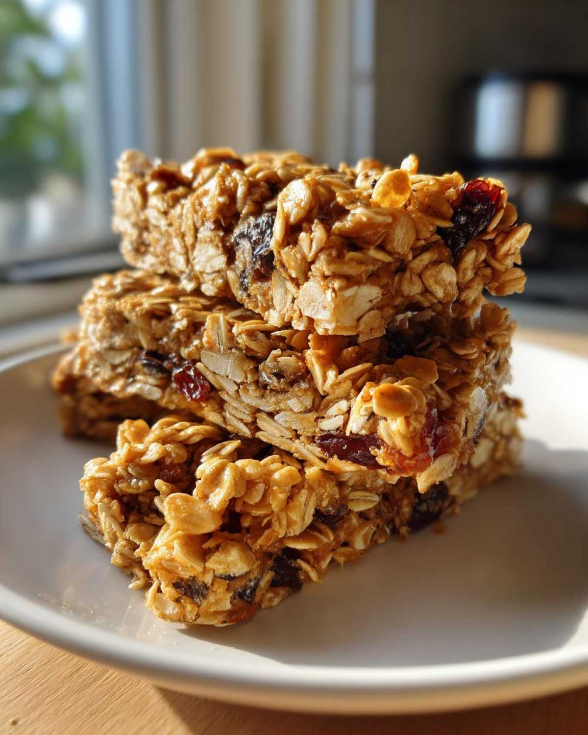 A close-up stack of three chewy homemade granola bars packed with oats and dried cranberries on a white plate.