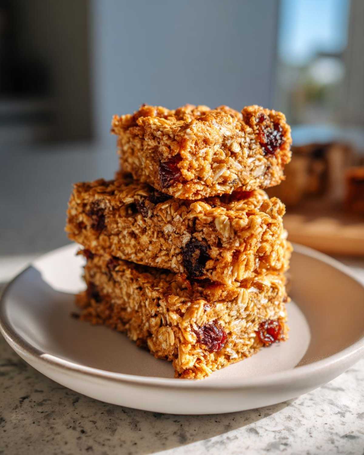 A stack of three chewy homemade granola bars packed with oats and dried cranberries, sitting on a small plate.