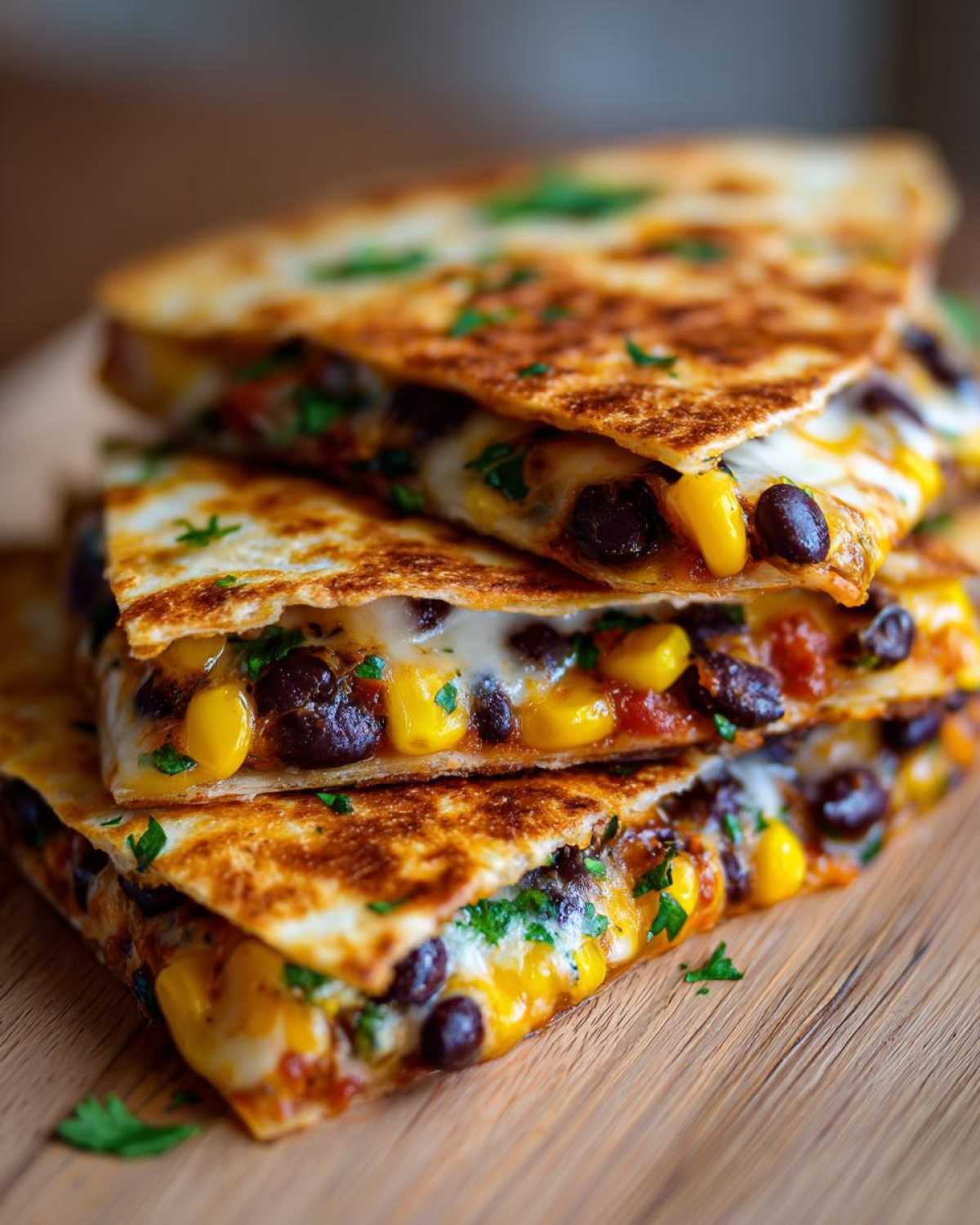 A stack of three golden-brown Vegetarian Quesadillas filled with melted cheese, black beans, and corn, garnished with parsley.
