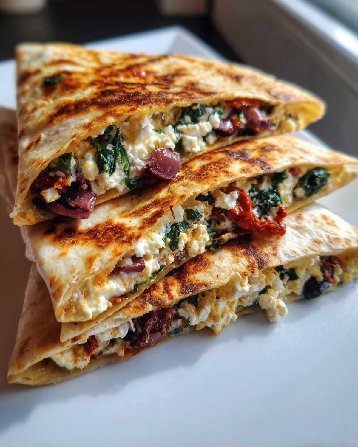 Close-up of stacked, grilled Mediterranean Quesadillas filled with feta cheese, spinach, sun-dried tomatoes, and olives.