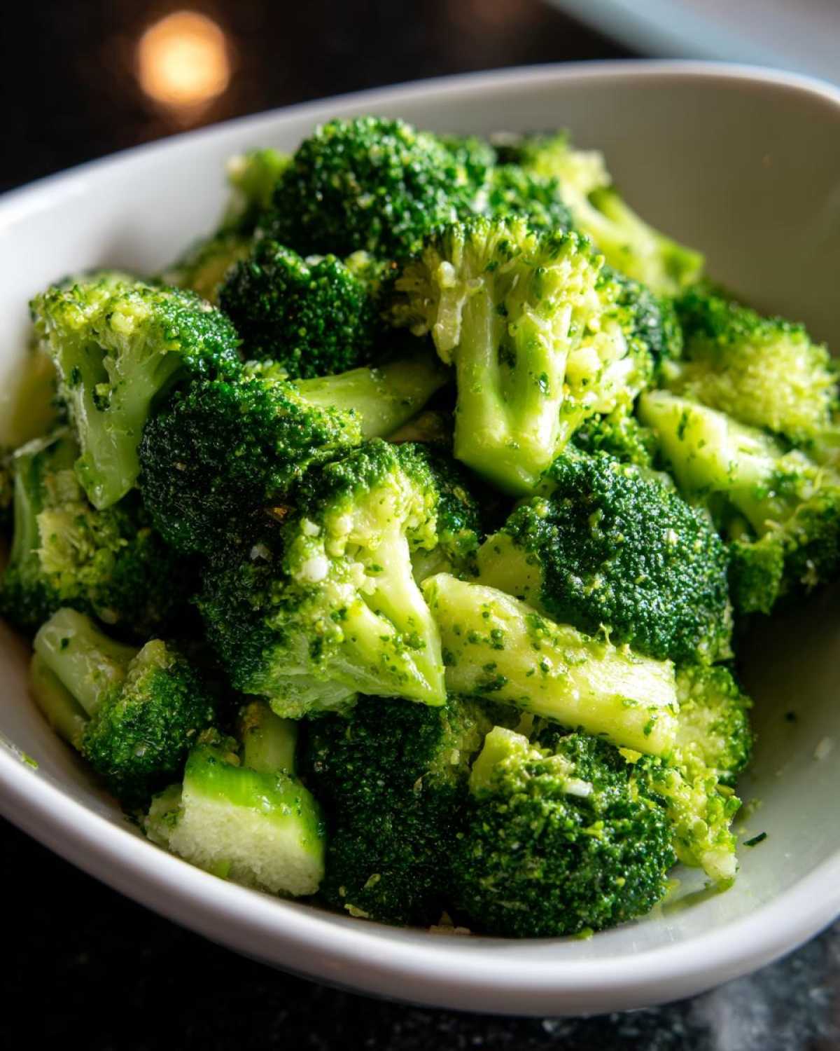 Close-up of bright green, perfectly cooked steamed broccoli florets seasoned lightly in a white bowl.