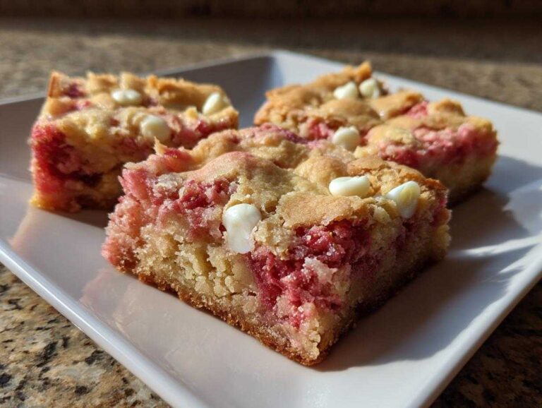 Amazing 1 Bowl Strawberry Blondies Recipe Three squares of rich Strawberry Blondies One Bowl recipe featuring bright pink strawberry filling and white chocolate chips on a white plate.