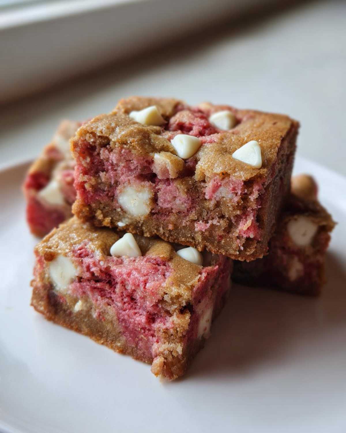 Stack of rich, fudgy Strawberry Blondies One Bowl squares featuring pink strawberry filling and white chocolate chips.