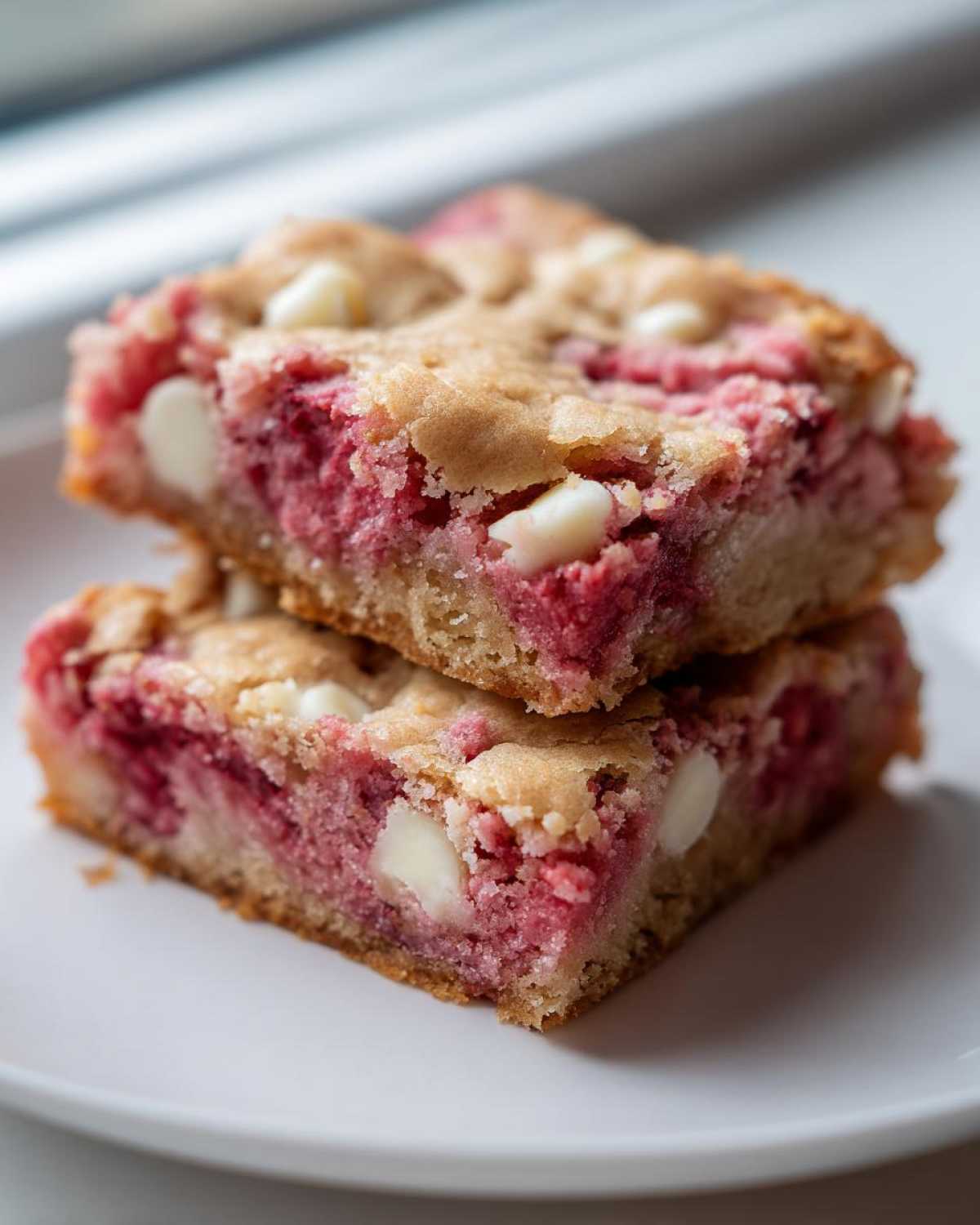 Close-up of two stacked Strawberry Blondies One Bowl squares featuring pink strawberry filling and white chocolate chips.